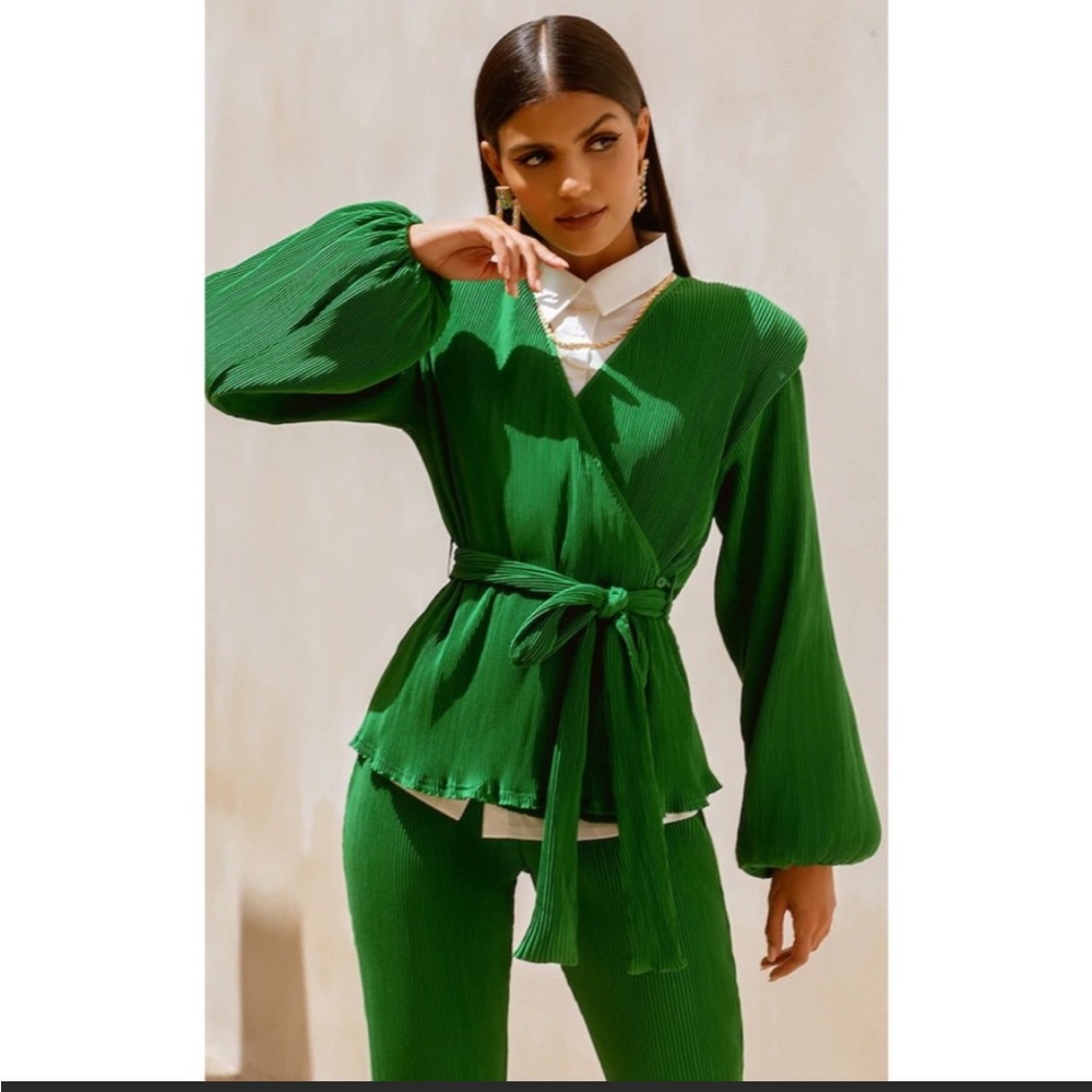 PLT Green Shoulder Pad Wrap Plisse Blouse & Flare Pants Set